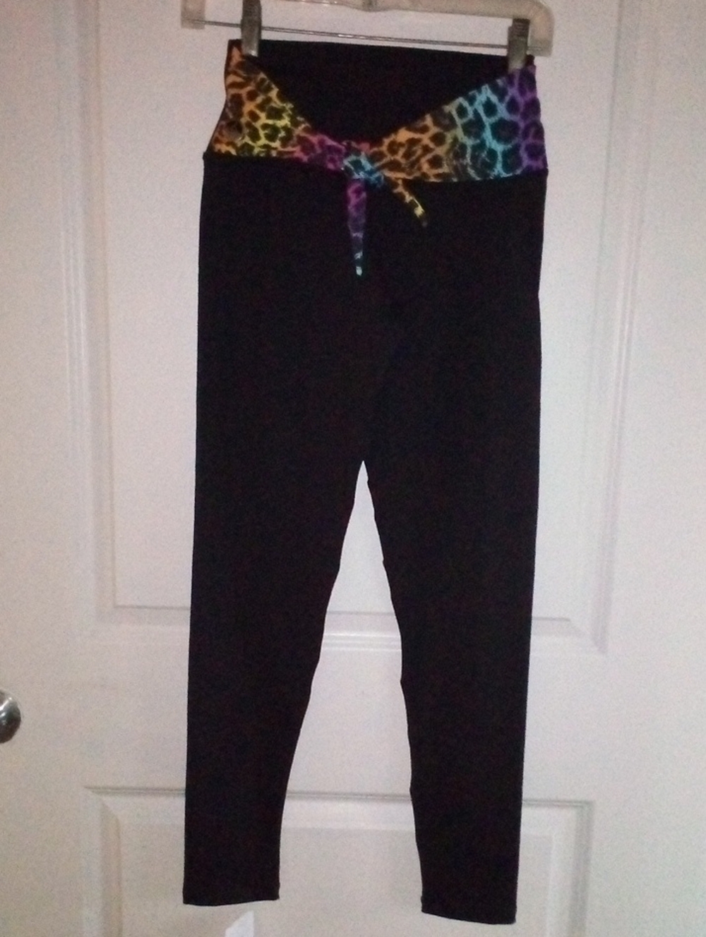 High Waist Black Leggings with Rainbow Leopard Tie Waist